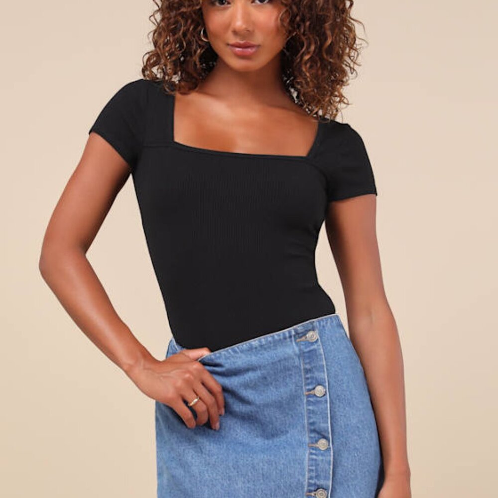 Lulus Always Confident Black Ribbed Square Neck Short Sleeve Bodysuit - Size S
